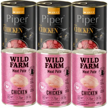 Krmivo pro kočku DOLINA NOTECI Piper s kuřecím masem 3x400g + WILD FARM Pate Chicken 3x400g - bezlepkové krmivo pro kočky