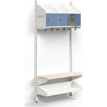 Věšák Šatní stěna ENTRY, nástěnná, lavice, 3 kovová dvířka, 1800x900x300 mm, bílá/modrá