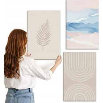 Obraz Sada obrazů na plátně Listy vlny béžová modrá 3x 40x60 cm