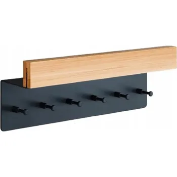 Věšák Nástěnný věšák kovový dřevěný černý s poličkou 6 háčků multifunkční