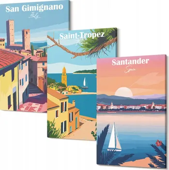 Obraz Sada 3 Obrazů na Plátně Triptych Italská Městečka Krajiny 30x20 cm