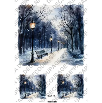 Umělecký papír Rýžový a soft papír na decoupage - Zima v parku - KB2539 Materiál: Soft, Rozměr: A4