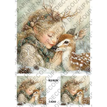 Umělecký papír Rýžový a soft papír na decoupage - Holčička s jelínkem zima - KB04260 Materiál: Soft, Rozměr: A4