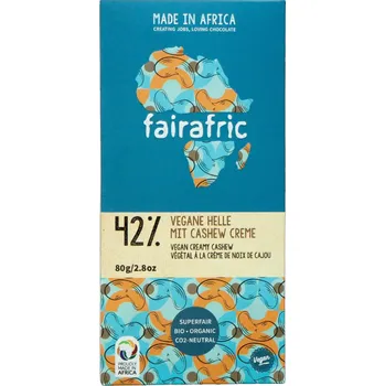 Cukrovinka Fairafric Bio vegan čokoláda se 42 % kakaa a kešu krémem, vyrobená v Ghaně, 80 g