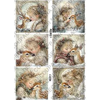 Umělecký papír Rýžový a soft papír na decoupage - Holčička s jelínkem zima - KB04258 Materiál: Soft, Rozměr: A4