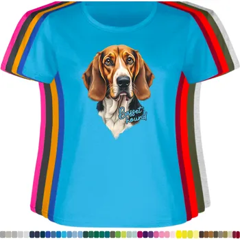 Dámské tričko damske-levne-bavlnene-tricko-digitalni-potisk-pes-baset Barva: Aqua - modrá, velikost: M