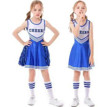 Karnevalový kostým KOSTÝM CHEERLEADERKY PRO DĚTI MODRÝ KARNEVALOVÝ KOSTÝM ROZTLESKÁVAČKY 140