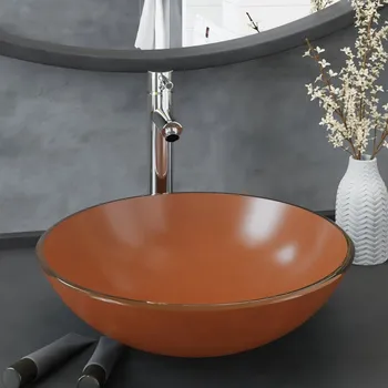 Umyvadlo Koupelnové umyvadlo s baterií a výpustí hnědé tvrzené sklo IM_3098454