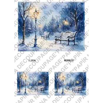Umělecký papír Rýžový a soft papír na decoupage - Zima v parku - KB2536 Materiál: Soft, Rozměr: A4