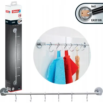 Věšák Bezvrtací tyč s háčky Tesa, stříbrná, šedá