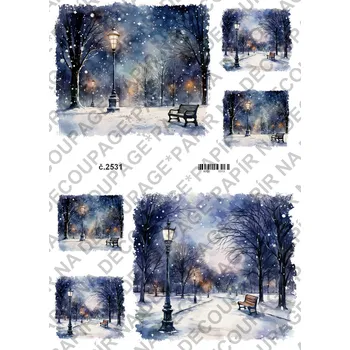 Umělecký papír Rýžový a soft papír na decoupage - Zima v parku - KB2531 Materiál: Soft, Rozměr: A4