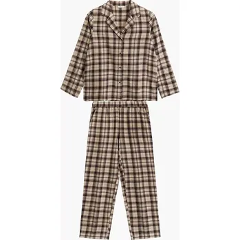Dámské pyžamo Atlantic Flanelové dámské dlouhé kárované pyžamo NLP-505 dł/r S-2XL rozpinana Velikost: L, Barva: hnědo-smetanová