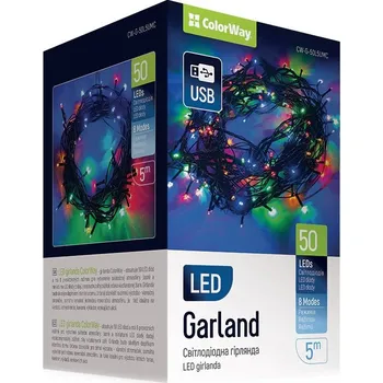 Vánoční dekorace Světelný řetěz ColorWay CW-G-50L5UMC, LED vánoční řetěz, 50x LED, Vícebarevný, Délka 5 m, USB