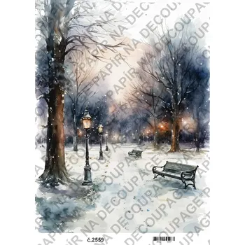 Umělecký papír Rýžový a soft papír na decoupage - Zima v parku - KB2559 Materiál: Soft, Rozměr: A4