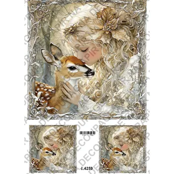 Umělecký papír Rýžový a soft papír na decoupage - Holčička s jelínkem zima - KB04259 Materiál: Soft, Rozměr: A4