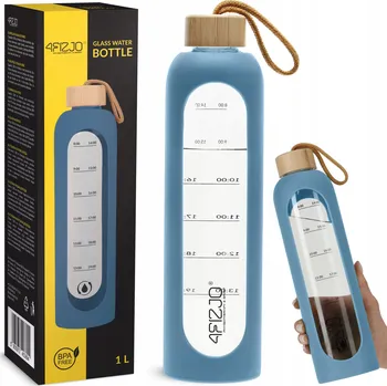4FIZJO Skleněná láhev na vodu a nápoje, motivační lahev na pití s silikonové pouzdro, 1 l
