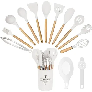14dílná sada kuchyňského náčiní, se žáruvzdornou silikonovou hlavou, držákem, bílá