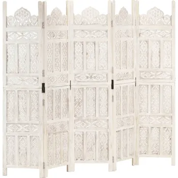 Paraván Ručně vyřezávaný 5dílný paraván bílý 200x165 masivní mangovník IM_285320