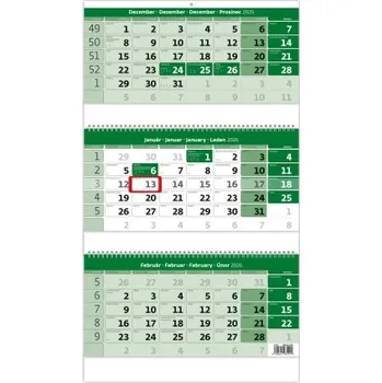 Kalendář Trojmesačný kalendár zelený so špirálou a s menným kalendáriom slovenský nástěnný kalendář 2026 N325-26 Nižší cena pro více kusů!