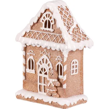 Domeček perníkový s panáčkem - polyresin, LED osvětl., hnědo-bílý - PES009