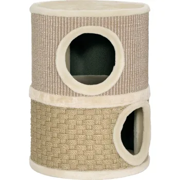 Pelíšek pro kočku PawHut Škrabadlo pro kočky PawHut, výška 49 cm, průměr 35,5 cm, dvoupatrové s plyšovým okrajem, škrabadlo, 2 jeskyně, khaki+kávová