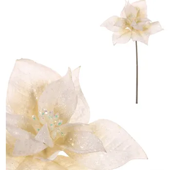 Vánoční růže - umělý květ na stonku, bílá se třpytkami - UKK398 WT