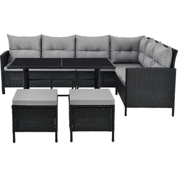 Zahradní sestava FurniGO Zahradní ratanový set Manacor - černá, šedé podušky