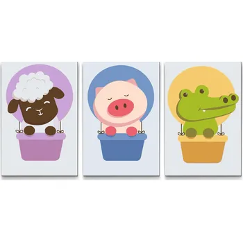 Malování podle čísel - Zvířátka v balonu 2 (sada 3 pláten) Velikost: 3ks 40x60cm, Rámování: Pouze srolované plátno