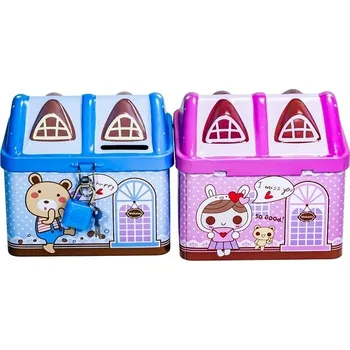 Pokladnička pokladnička DOMEK+zámek 12x9,5x10cm, růž., modrý, plech