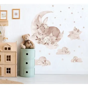 Samolepící dekorace Samolepky na zeď - spící králíček v obláčcích - béžová