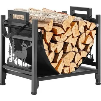 Stojan na palivové dřevo VEVOR do interiéru, zakřivený držák na polena 45 cm s plátěným nosičem, nosnost 18 kg, držák na palivové dřevo z práškově lakované oceli, odolný stohovač dřeva do krbu
