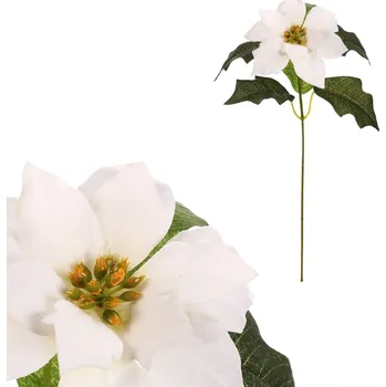 Vánoční růže - umělá řezaná s listy, bílý květ - UKK392 CRM