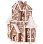 Domeček perníkový - polyresin, LED osvětl., hnědý s bílým zdobením - PEK501