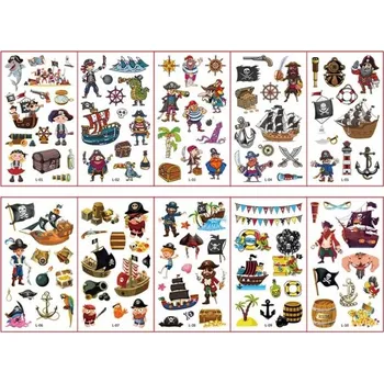 Tetovací strojek Sada 10 archů dočasných tetování 12 x 7 cm piráti lodě poklady dětské tetovací samolepky na kůži dobrodružné motivy