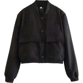 Dámská casual bunda Dámská bunda bomber s kapsami Elegantní krátký kabátek s V-výstřihem Zapínání na knoflíky Stylová jarní bunda s dlouhým rukávem černá L