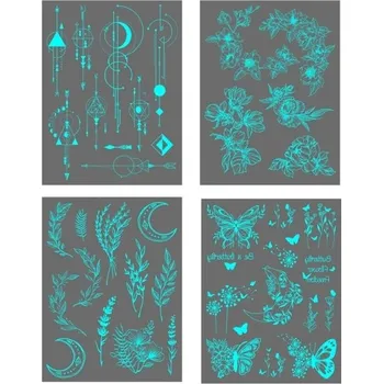 Odstranitelné tetování 4 ks archu svítících voděodolných dočasných tetovacích samolepek Geometrické tvary Motýli Květiny Růže a Měsíc Tetování na tělo