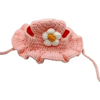 Pletený klobouk pro kočku s květinou Velikost M Klobouk pro domácí mazlíčky do 7.5 kg Háčkovaný klobouk pro kočky