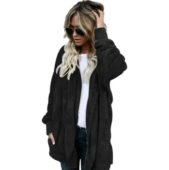 Dámská casual bunda Dámská teplá plyšová bunda s kapucí Oversize fleecový kardigan Podzimní huňatý přehoz s dlouhým rukávem Měkký kabát s kapucí černá 3XL