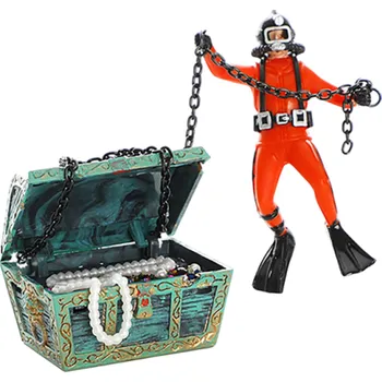Dekorace do akvária Akvarijní dekorace potápěč a truhla s pokladem 9 cm Netoxická dekorace do akvária Bezpečná ozdoba pro ryby Pryskyřice Podvodní motiv