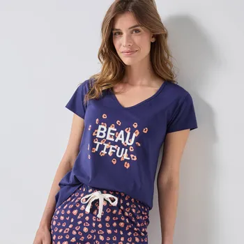Dámské pyžamo Blancheporte Pyžamové tričko s krátkými rukávy a středovým potiskem Beautiful nám. modrá 52