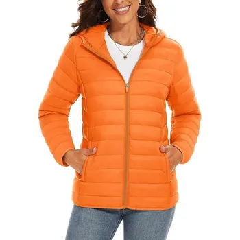 Dámská zimní bunda s kapucí Prošívaný kabát na zip Hřejivá bunda s kapsami Lehká zateplená bunda do města Stylový střih pro chladné počasí oranžová S