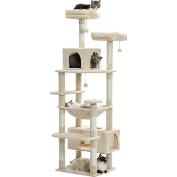 Toaleta pro kočku Kočičí věž a škrabadlo 164x40x48 cm Vnitřní strom pro kočky Houpací síť Škrabadla se sisalem Polstrované pelíšky Víceúrovňový odpočinek béžova