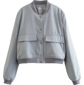 Dámské oblečení Dámská bunda bomber s kapsami Elegantní krátký kabátek s V-výstřihem Zapínání na knoflíky Stylová jarní bunda s dlouhým rukávem šedá S