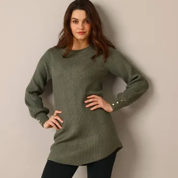 Dámský svetr Blancheporte Dlouhý pulovr se vzorem a knoflíčky na rukávech khaki 50