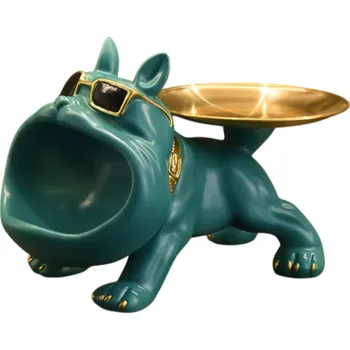 Dekorativní buldog odkládací miska na šperky a drobnosti 25x14.5x16 cm designový stojan pes se zlatou miskou a brýlemi zelená