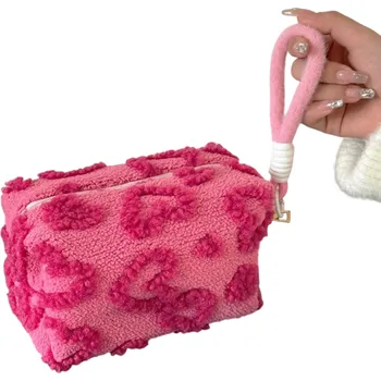 Cestovní taška Plyšová cestovní kosmetická taška 18x9x9 cm Měkké psaníčko s rukojetí Roztomilý organizér s potiskem lásky Úložný penál Polyester tmavě růžová