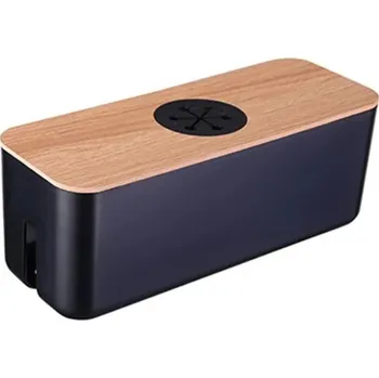 Úložný box Organizér na kabely s dřevěným víkem a větráním 29,5 x 11,4 x 11 cm černý