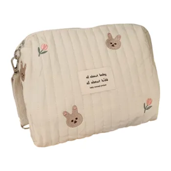 Cestovní taška Přenosná bavlněná taška na plenky 25 x 16 x 8 cm Úložná taška se zipem Výšivka vzor králíčci Organizér na hygienické vložky a kosmetiku