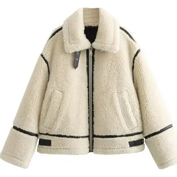 Dámská casual bunda Krémová dámská zimní bunda z umělé kožešiny Teplý kabát s podšívkou Stylová oversize bunda se zipem Měkká podzimní bunda s límcem XL