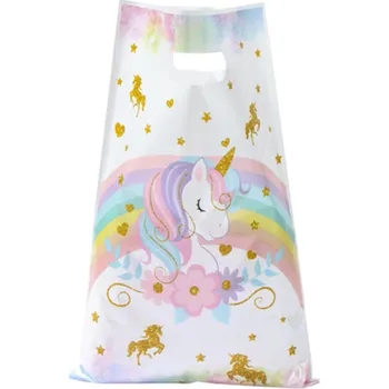 Karnevalový doplněk Sada 25 ks plastových tašek 16,5×25 cm s jednorožčím motivem pro dětské narozeniny dárky cukrovinky a párty dekorace holčičí oslavy